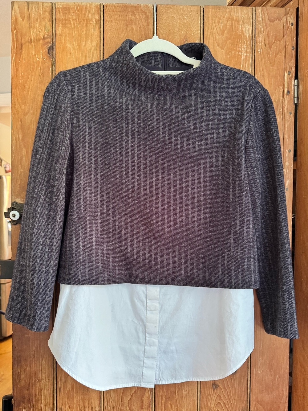 Theory Gracila Orlene Stripe Knit Layered Wool Blend Shirt Combo Top Gray Navy M